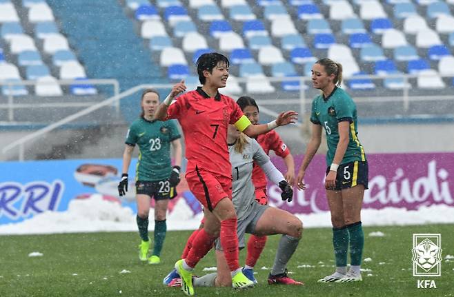 전유경이 호주와의 AFC U-20 여자 아시안컵 경기에서 선제골을 넣은 뒤 환호하고 있다. 사진제공=KFA