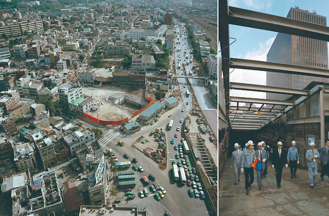 1984년 9월 서울 지하철 4호선 416공구(서울역 일대) 공사 현장의 모습(왼쪽). 오른쪽은 같은 시기 제3차 아시아올림픽평의회(OCA)에 참석차 방한한 북경시 간부들과 서울시 관계자들이 지하철 4호선 416공구를 시찰하는 모습. [서울역사아카이브]