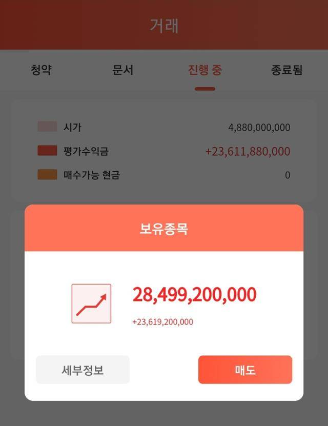 한 투자사기 피해자의 가짜 거래소 앱 화면. 284억 원의 수익을 기록한 것으로 돼 있지만 사실 모든 것이 가짜다. 피해자 제공