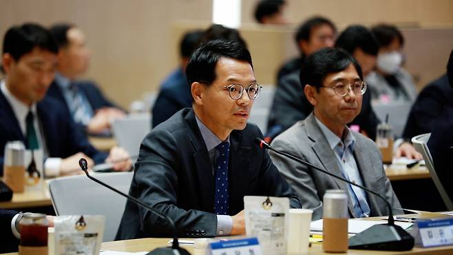 [서울=뉴시스] 김윤태 한국국방연구원장이 10일 서울 동대문 국방연구원 본사에서 열린 미디어데이 행사에서 인사말을 하고 있다. (사진=한국국방연구원 제공) 2023.05.10. photo@newsis.com  *재판매 및 DB 금지