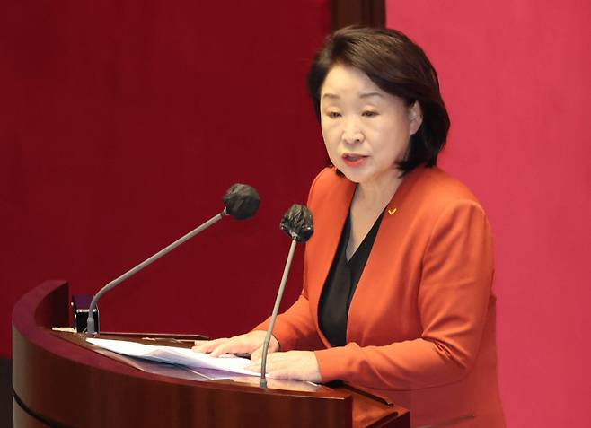 심상정 정의당 의원이 국회 본회의장에서 열린 전원위원회에서 발언하고 있다. ⓒ연합뉴스