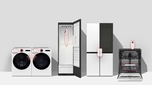 엘지(LG)전자가 이달 출시하는 엘지 컴포트 키트. 왼쪽부터 이 키트(붉은색 동그라미)가 적용된 세탁기, 건조기, 스타일러, 냉장고, 식기세척기, 에어컨 리모컨. 엘지전자 제공