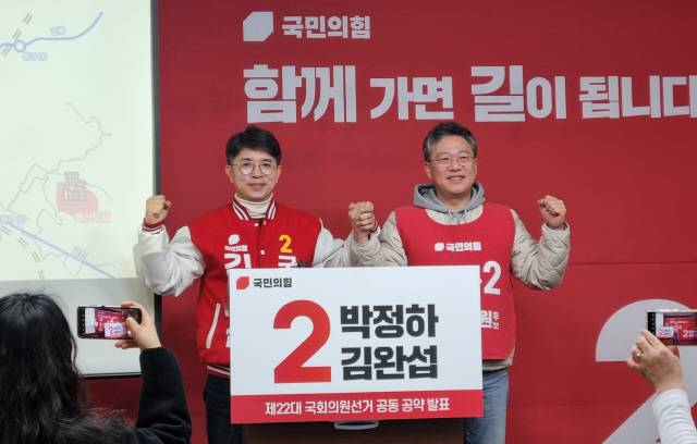 ▲ 국민의힘 박정하 원주갑 예비후보와 김완섭 원주을 예비후보가 5일 원주시청 브리핑룸에서 회견을 갖고 첫 합동공약을 발표했다.