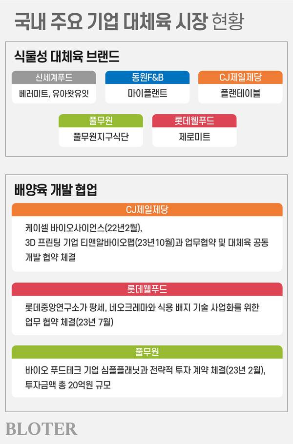 국내 주요 식품 기업의 식물성 대안식품 브랜드 및 배양육 기술 현황. (그래픽=박진화 기자)