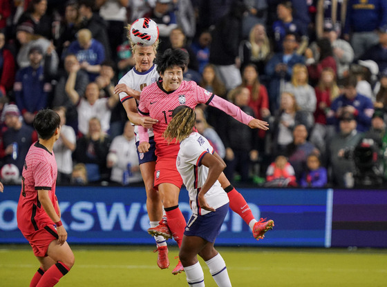 United States midfielder Lindsey Horan heads the ball as Korea midfielder Lee Geum-min defends during an international friendly at Children's Mercy Park in Kansas City, Kansas in October 2021. [REUTERS/YONHAP]