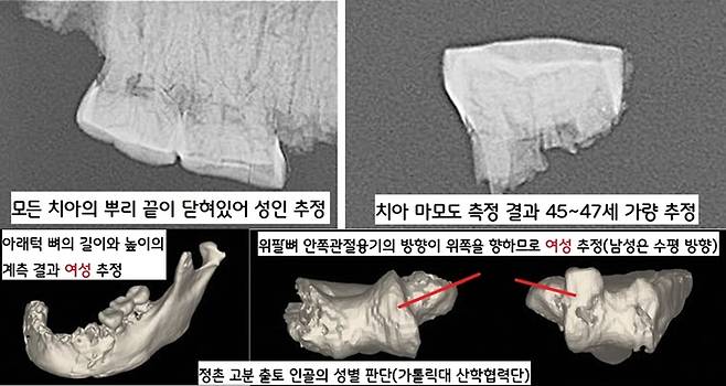 2017년 가톨릭대 산학협력단이 정촌고분에서 출토된 두 인골의 3차원 계측 결과를 한국인의 성별 판별 공식에 대입해봤더니 모두 여성으로 판명됐다. 두 인골의 치아 상태로 측정한 나이는 대략 45~47세 정도로 인식됐다.|가톨릭대 산학렵력단 자료