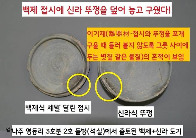 나주 영동리 3호분 2호 돌방에서 출토된 도기. 뚜껑은 전형적인 신라식이고, 세발 달린 그릇은 영락없는 백제식이다. 백제+신라 도기는 백제접시에 신라 뚜껑을 덮어두고 구운 흔적이 역력하다. 구울 때 들러 붙지 않게 깔아둔 이기재의 흔적이 보인다. |동신대 영산강문화연구센터 제공