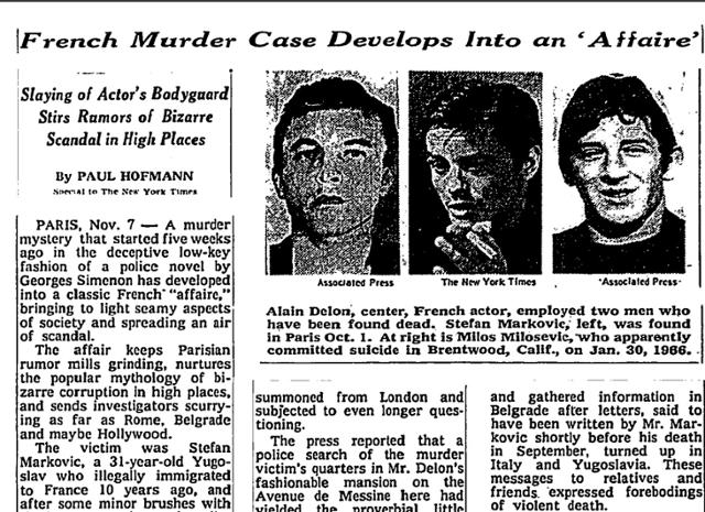 1968년 11월 8일 '마르코비치 사건'을 보도한 미국 뉴욕타임스(NYT) 신문 지면. '프랑스의 살인 사건, 스캔들로 발전하다'라는 제하의 이 기사에는 '고위층에서 기괴한 루머가 확산되고 있다'는 부제목이 달려 있다. 기사 속 사진은 왼쪽부터 프랑스 배우 알랭 들롱의 개인 경호원 출신으로 의문사한 스테판 마르코비치, 배우 알랭 들롱, 들롱의 또 다른 경호원이었던 밀로스 밀로셰비치. NYT 홈페이지 캡처