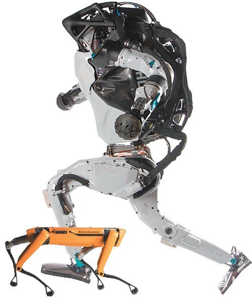 현대자동차가 2021년 인수한 로봇 전문 기업 보스턴다이내믹스의 휴머노이드 로봇 ‘아틀라스’(뒤)와 로봇 개 ‘스팟’(앞). 
스팟은 산업 현장에 투입돼 데이터 수집 및 시설 점검 역할을 하고 있다. 아틀라스는 현재 기술적으로 가장 뛰어난 휴머노이드라는 
평가를 받는다. 현대자동차 제공