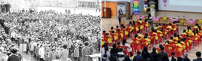 1968년 서울의 한 국민학교 입학식(왼쪽 사진). 오른쪽은 2024년 서울 광진구 성자초등학교 입학식 장면. 장진영 기자, 중앙포토
