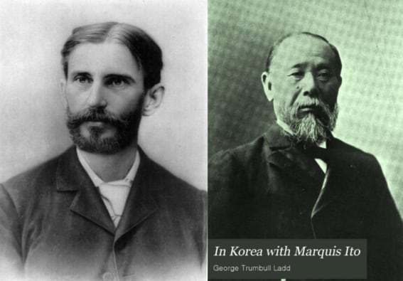 왼쪽: 일본 예찬론자로서 예일대학 교수로 재직했던 철학자이자 심리학자 조지 래드George T. Ladd, 1842-1921), 오른쪽: 래드의 저서 <<이토 후작과 함게 한국에서(1908)>>의 표지. /공공부문