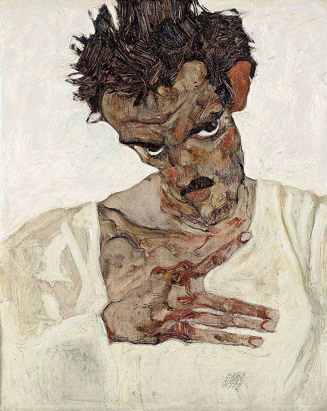 이 시기 실레가 그린 그림. 에곤 실레, 고개 숙인 자화상, 1912. [게티이미지]