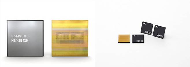 삼성전자(왼쪽)와 SK하이닉스의 HBM3E 제품. (사진=각 사)