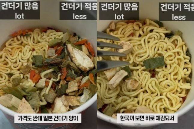 일본에서 판매하는 신라면(왼쪽), 한국에서 판매하는 신라면 건더기 비교 영상./유튜브