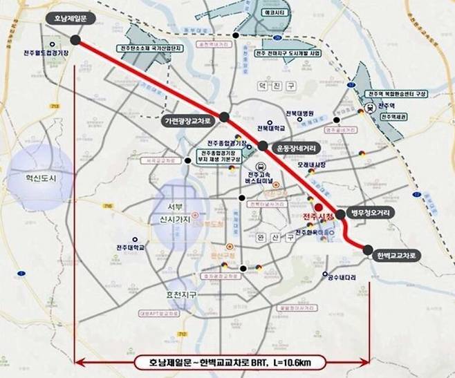 전주시가 계획 중인 간선급행버스체계(BRT) 운행 노선도. 전주시 제공