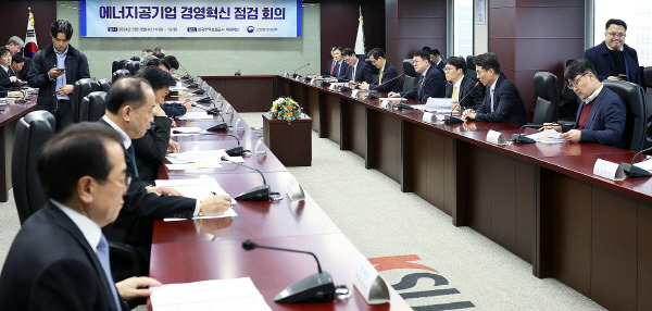 13일 서울 종로구 한국무역보험공사에서 최남호 산업부 2차관 주재로 ‘에너지 공기업 경영혁신 점검 회의’가 진행되고 있다. 산업부 제공