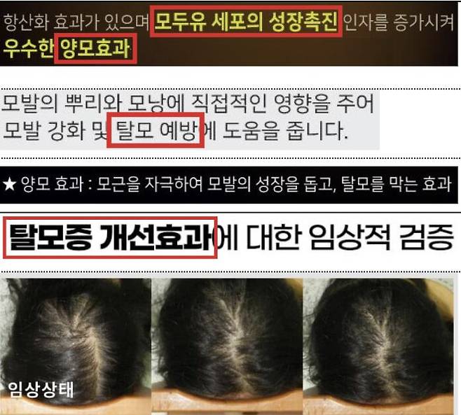 화장품을 탈모 관련 의약품으로 오인‧혼동하게 하는 광고들. /식품의약품안전처