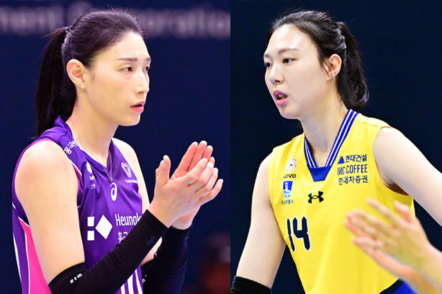 흥국생명의 김연경(왼쪽)과 현대건설의 양효진. 한국프로배구연맹 제공