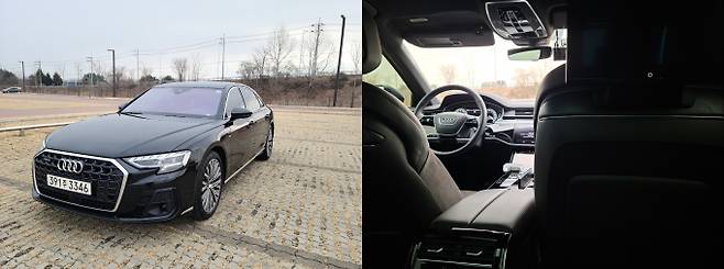 아우디 A8 L(왼쪽), 아우디 A8 L 내부(오른쪽) /사진= 지선우 기자