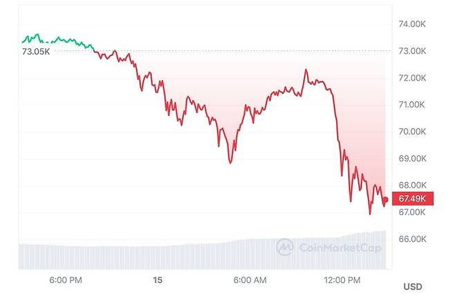 [서울=뉴시스] 15일 코인마켓캡에서 비트코인이 8% 급락해 6만7000달러선에서 거래되고 있다. 사진은 코인마켓캡 차트 갈무리. 2024.03.15.