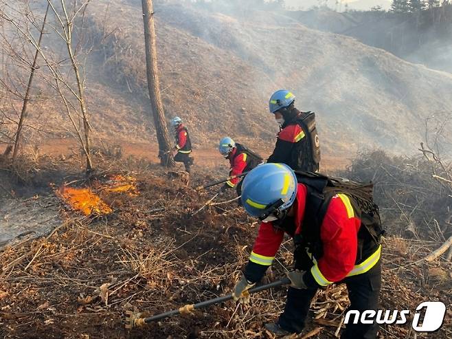 16일 오후 2시 25분께 전북자치도 임실군 청웅면 한 야산에서 불이 나 소방대원이 진화하고 있다. (산림청 제공)