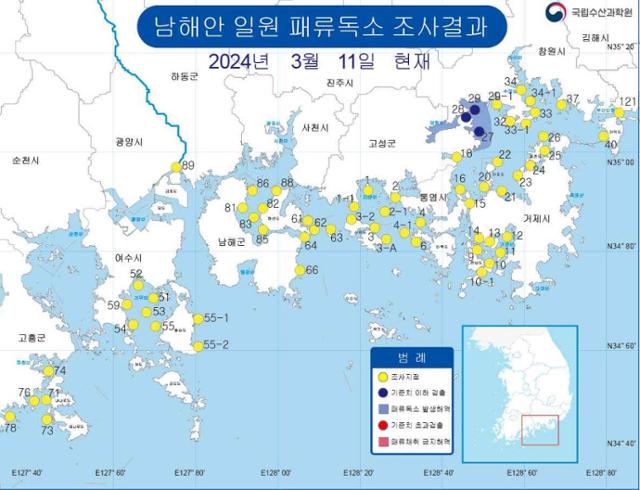 이달 11일 발표된 남해안 일대 마비성 패류독소 조사 결과. 세 곳에서 기준치 이하가 검출됐다. 국립수산과학원