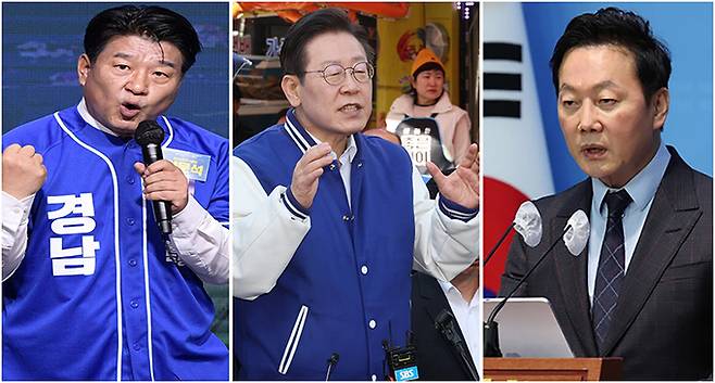 양문석 더불어민주당 경기 안산갑 후보(왼쪽). 이재명 더불어민주당 대표(가운데). 정봉주 전 국회의원(오른쪽). 사진=뉴시스