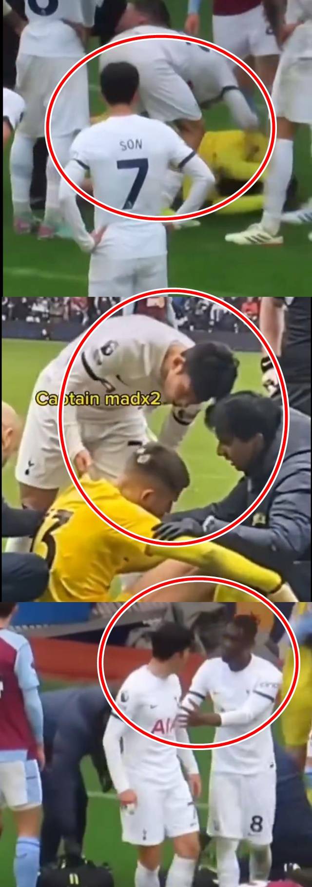 토트넘 골키퍼 굴리엘로 비카리오에게 화를 내는 손흥민(빨간색 원). /사진=SNS 캡처