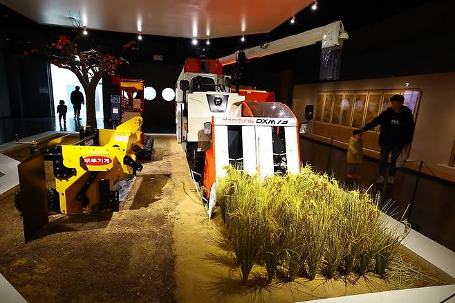 다 익은 벼를 수확하는 콤바인. 1970년대 초에 도입된 콤바인은 농작물을 베는 동시에 탈곡과 선별까지 할 수 있는 농기계이다.