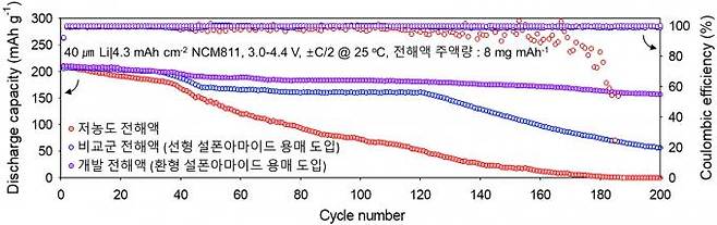 전해액 조성에 따른 Li/NCM811 풀 셀 방전용량과 가역효율(쿨롱효율) 그래프. KAIST