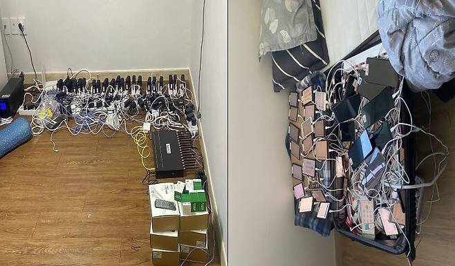 해외 발신 전화번호를 국내 전화번호인 010으로 바꿔주는 기계. 왼쪽은 포트형 및 USB형 중계기, 오른쪽은 휴대폰형(CMC기능) 중계기. /보이스피싱 범죄 합수단