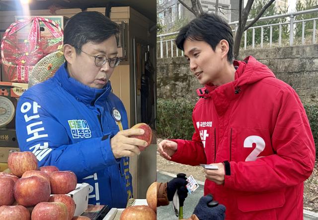 '호남 정치 1번지'로 꼽히는 광주 동남을 지역구에 출마한 여야 후보가 지난 6일 한 과일가게에서 만나 얘기를 나누고 있다. 연합뉴스