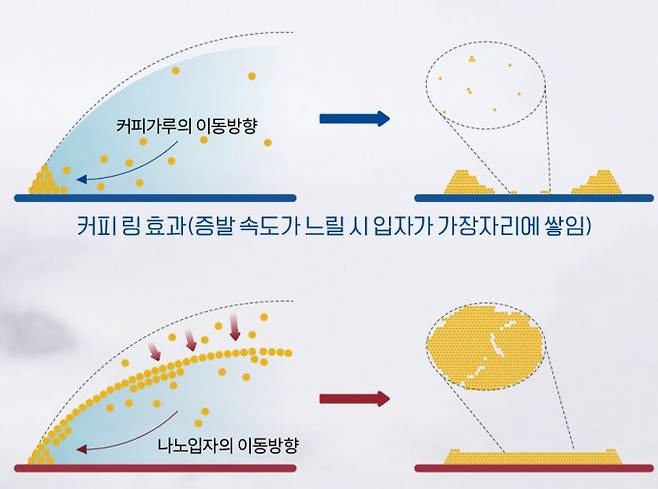 커피 링 효과를 이용해 얇은 나노입자 막을 만드는 과정 (증발 속도가 빠를 시 입자가 막 형태로 쌓임). Advances in Colloid and Interface Science 제공