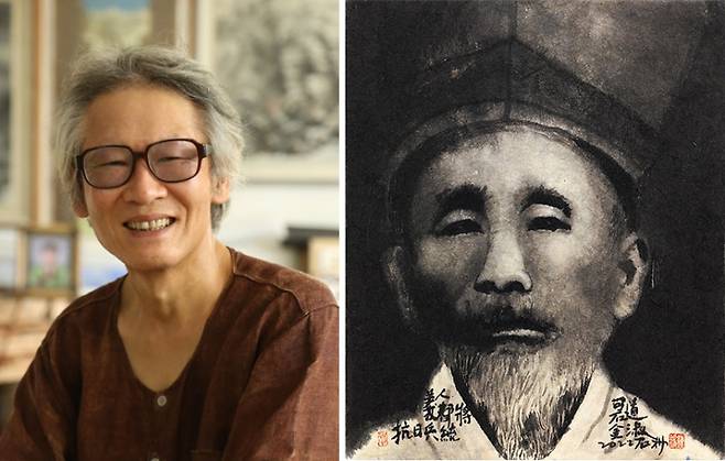 ▲한국화가이면서 호남 역사인물 발굴 연구에 집중해온 '석주' 박종석 화백(왼쪽)이 호남 유일의 '의병 서화가' 김도숙을 찾아내 조명한 평전을 출간했다. 오른쪽은 박 화백이 그린 '의병지사 김도숙'(30,8X25,3cm, 수묵담채, 2022)