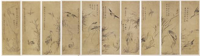 ▲김도숙 작 '갈대와 노안도'(10곡병풍, 1935년), 개인 소장