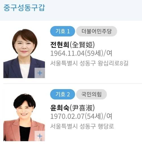 중앙선거관리위원회 후보자 기호 표시가 모두 파란색으로 돼 있다. (서울 중구성동구갑)