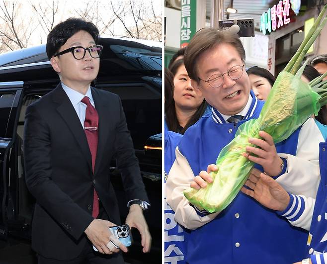 민생 정책은 누구의 손에 한동훈 국민의힘 비상대책위원장이 24일 서울 서대문구 신촌세브란스병원에서 열린 전국의대교수협의회 회장단 간담회에 참석하고 있다(왼쪽 사진). 같은 날 이재명 더불어민주당 대표가 서울 송파구 새마을전통시장을 찾아 대파를 구매하고 있다. 국회사진기자단·김창길 기자