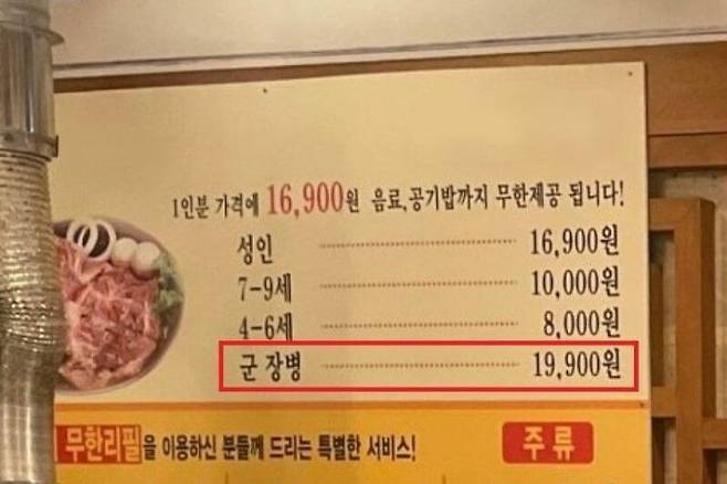 군 장병에게만 3000원의 추가 요금을 받아 여론의 뭇매를 맞은 무한리필 고깃집이 최근 폐업한 사실이 알려졌다.사진은 해당 식당의 영업 당시 메뉴판 [사진출처=온라인 커뮤니티 캡처]