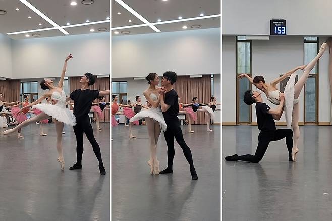 Ballerina An Su-yeon and ballerino Heo Seo-myeong rehearses for "Swan Lake." (KNB)