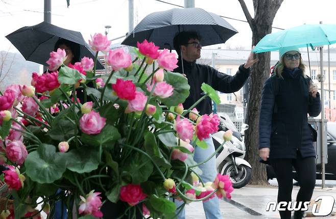 봄비가 내린 25일 오후 서울 종로구 일대를 지나는 우산을 받쳐든 외국인들이 발걸음을 재촉하고 있다. 2024.3.25/뉴스1 ⓒ News1 박정호 기자