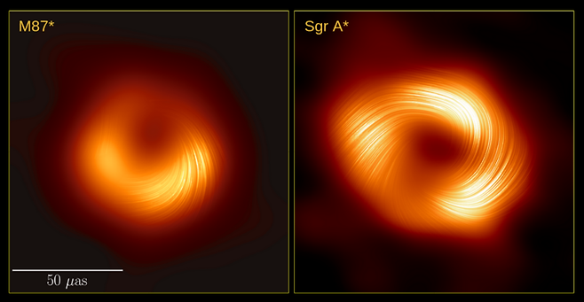 2021년 연구진이 공개한 M87 은하중심 초대질량블랙홀의 편광 영상(좌측)과 이번에 공개한 우리은하 중심 초대질량블랙홀 편광 영상. 한국천문연구원 제공