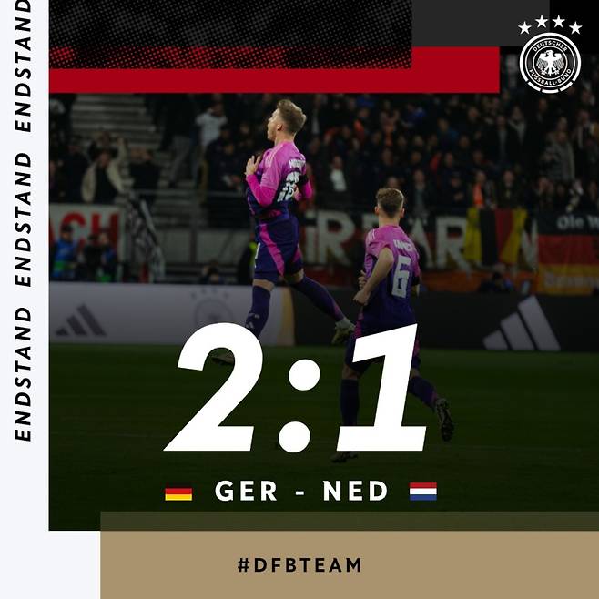 독일이 27일 도이체 방크 파르크에서 열린 네덜란드와의 평가전에서 2-1로 이겼다. 사진=DFB SNS
