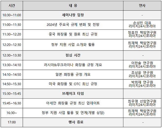 2024 CI Korea'2024 화장품 수출다변화 규제 동향 세미나' 세부프로그램. 4월 23일 일정. 사진=리이치24시코리아