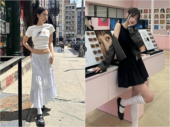 글로니 스커트를 입은 제니(왼쪽)와 글로니 원피스를 입은 장원영. [사진=제니, 장원영 인스타그램]