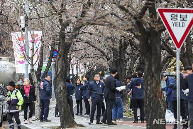 [서울=뉴시스] 정병혁 기자 = 여의도봄꽃축제 개막을 하루 앞둔 28일 서울 영등포구 여의서로 일대 벚나무가 꽃을 피우지 못해 앙상한 나무가지만 드러내고 있다. 영등포구는 29일부터 오는 4월 2일까지 여의서로 국회뒷편 일대에서 영등포 여의도봄꽃축제를 개최한다. 2024.03.28. jhope@newsis.com