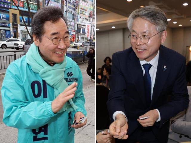 제22대 총선 후보 등록 마감일인 22일 광주 광산을 선거구에 출마하는 새로운미래 이낙연(왼쪽 사진) 후보와 더불어민주당 민형배(오른쪽) 후보가 각각 시민과 인사하고 있다. 광주=연합뉴스