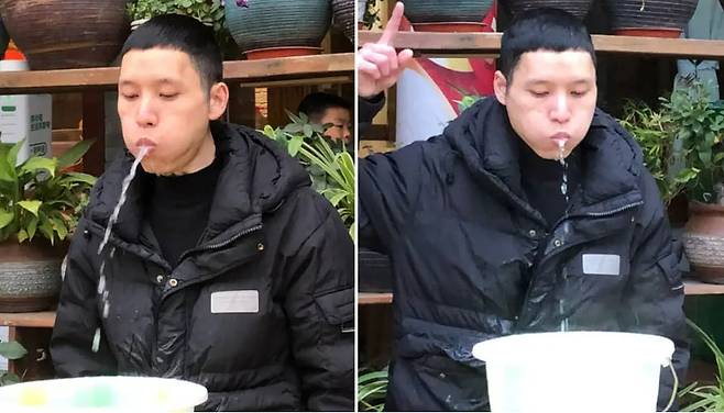 4ℓ 넘는 물을 마신 뒤 5분50초 넘게 입으로 물을 내뿜는 기록을 세운 중국의 마 후이/기네스세계기록