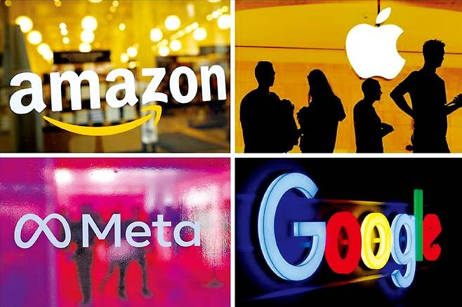 글로벌 대표 테크 공룡 로고. (왼쪽 위부터 시계방향으로) 아마존, 애플, 구글(알파벳), 메타.  연합뉴스