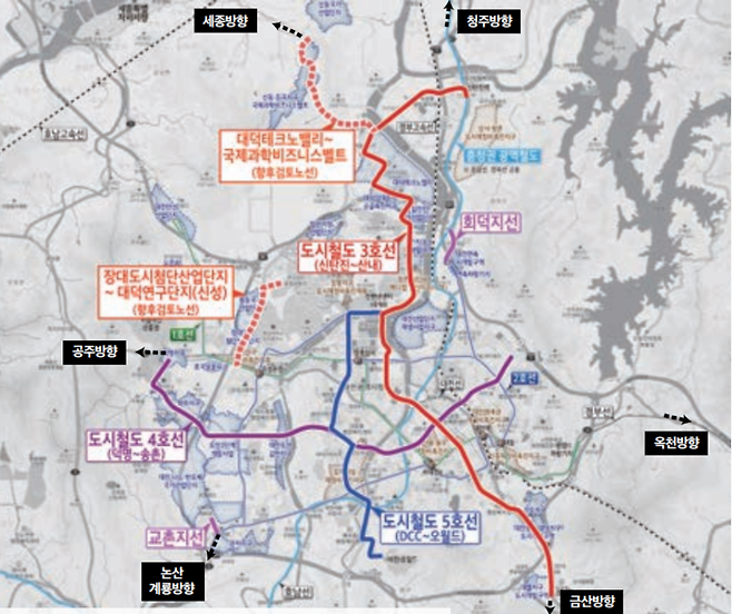 대전시 도시철도망 구축계획안에 포함된 3~5호선 노선도. 대전시 제공