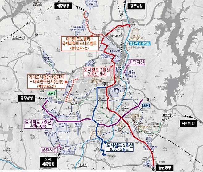 대전시 도시철도망 구축계획안에 포함된 3~5호선 노선도. [자료=대전시]